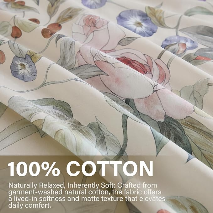 100% Cotton Duvet Cover King Size – Blooming Garden Duvet Cover Set with Zipper Closure & Corner Ties, 3-Piece Silky Soft & Breathable Pastel Floral Bedding Set for All Seasons