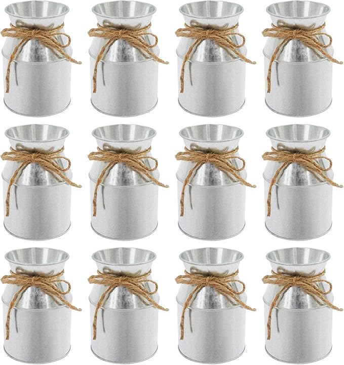 Flower Vase Decor, Farmhouse Metal Galvanized Milk Can Jug Vase with Bow, Flower Buckets for Artificial Flowers for Table Centerpiece Weddings(Silver)