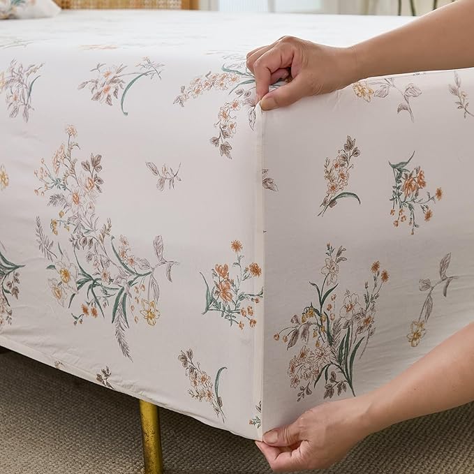 100% Cotton Sheet Set Queen Size – 4-Piece Shabby Chic Floral Bedding Set, Soft Breathable Percale Weave, Deep Pocket Fitted Sheet 17.5", Crisp Cool Feel, Refined Botanical Elegance