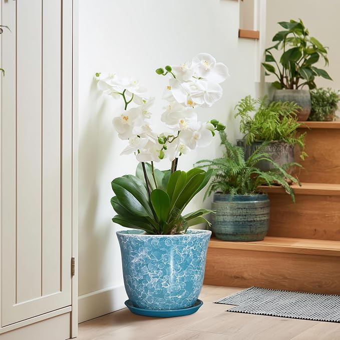 Ceramic Planter - 10 Inch Plant Pot for Indoor Outdoor, Large Round Flower Pots with Drainage Hole and Saucer, Modern Decorative Plant Pots, Garden House Decor, House Warming Gifts, Blue