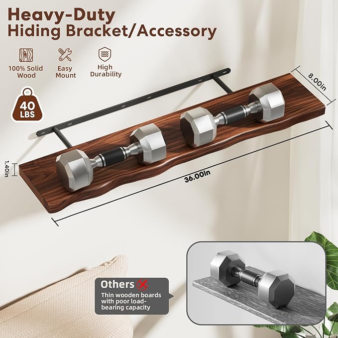 Solid Wood Live Edge Floating Shelves Set of 2 – 36" Rustic Wall Shelf with Hidden Bracket System, Wall Mounted Shelves for Bathroom, Kitchen, Living Room, Bedroom (Walnut)