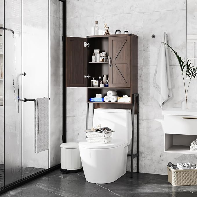 Vabches Over The Toilet Storage Cabinet with 2-Door Design Bathroom Organizers and Storage with Anti-Tip Device Over Toilet Organizer with Shelves for Bathroom,Restroom,Laundry Espresso