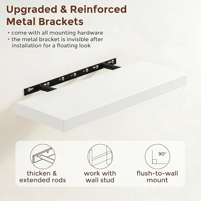 fuqing White Floating Shelves | 24 Inch Wood Floating Shelves for Wall Set of 2 | 24" W x 6.7" D x 1.4" H Rustic White Wooden Shelves for Bathroom Living Room Bedroom Kitchen