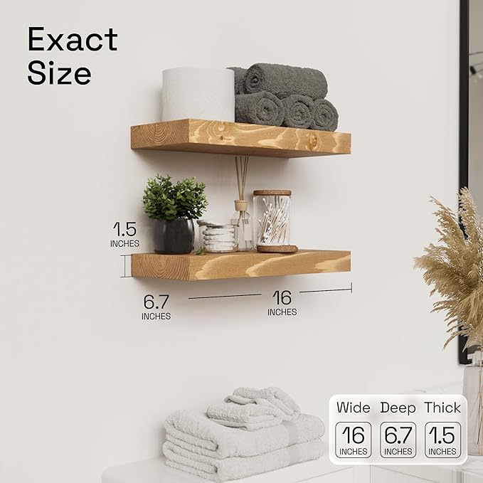 BAOBAB WORKSHOP Natural Wood Floating Shelves for Wall 16 inch - Floating Wall Shelves for Kitchen Bedroom - Wooden Bathroom Shelves - Floating Shelf - Oak Finish, 16W x 6.7D, Set of 2