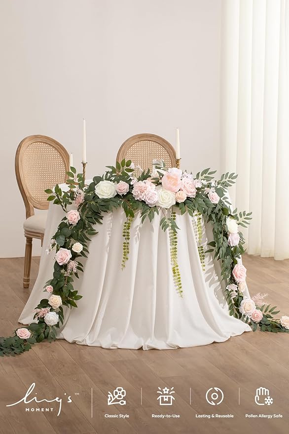 Ling's moment 9FT Flower Garland for Backdrop Decorations - Wedding Arch Flowers, Eucalyptus & Rose, Artificial Floral Garland for Mantle - Sweetheart Table Decor for Ceremony Reception, French Pink