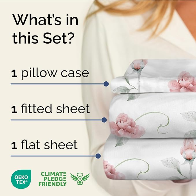Floral Sheets - Floral Rose Bed Sheet Set - 1 Flat, 1 Fitted & 1 Pillowcase w/ Deep Pockets - Comfy, Wrinkle & Fade Free - Boho Botanical Bedding - Ultra-Soft, Breathable & Cooling - Twin XL Size Set