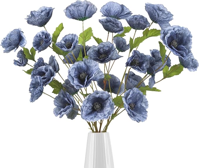 6PCS Poppies Flowers Artificial Silk Flowers 32in Artificial Poppies Dusty Blue Flowers for Wedding Home Party Table Centerpiece Arrangement Decoration (Dusty Blue)