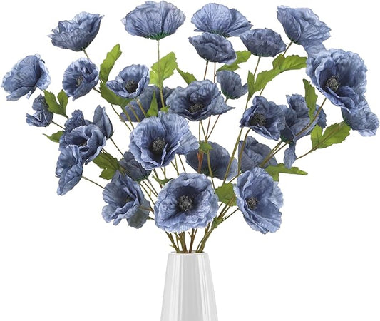 6PCS Poppies Flowers Artificial Silk Flowers 32in Artificial Poppies Dusty Blue Flowers for Wedding Home Party Table Centerpiece Arrangement Decoration (Dusty Blue)
