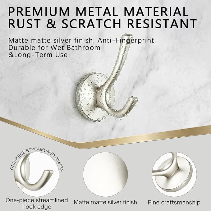 Matte Silver Towel Hooks 4 Pack, Heavy Duty Zinc Alloy Double Prong Coat Robe Hooks, Wall Mounted Towel Hooks for Bathroom, Kitchen, Closet, Garage, Entryway (195silver)