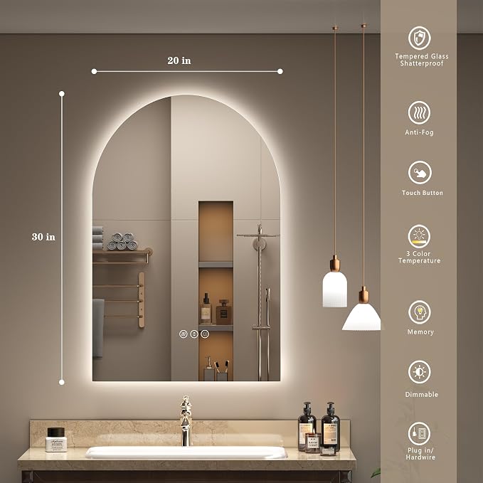 Backlit Arched LED Bathroom Mirror 20x30 Inch, Dimmable Backlit Bathroom Mirror, LED Lighted Vanity Mirror, Anti-Fog, 3 Colors, Memory, Shatter-Proof, ETL Listed