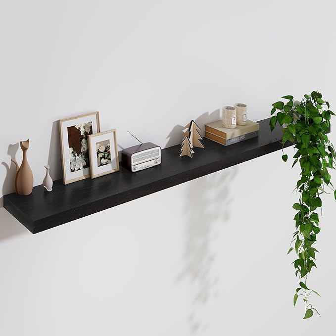 Solid Wood Floating Shelves For Wall, 55”W x 9”D x 1.56”H Large Wall Shelves for Living Room Bedroom Bathroom Kitchen Drcor Storage with Invisible Heavy-Duty Metal Bracket, Carbonized Oak, 2 Pack
