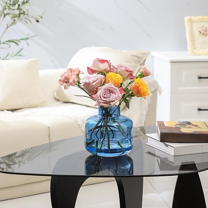 Short Glass Vase, Blue Glass Vase, Short Flower Vase, Round Glass Vase, Small Glass Vases for Flowers, 6 Inch Glass Flower Vases for Living Room, Dining Table, Wedding, Bookshelf, Office Decor
