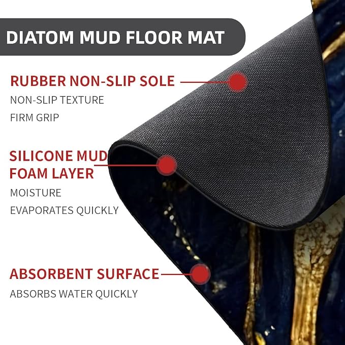 Diatomaceous Earth Bath Mat,Blue and Gold Marble Texture Non-Slip Volume Super Absorbent Fast Drying for Bathroom Kitchen Door mat,Eco-Friendly Easy to Clean 20×31Inch(50 * 80cm)