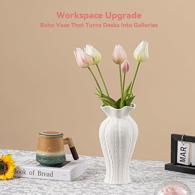 Sculptural Lily Vase - White Matte Ceramic with Ruffled Rim & Wave Texture, 10.2" Unique Flower Vase for Pampas Grass/Centerpieces, Decorative Vase for Living Room/Office, Ideal Gift for Art Lovers