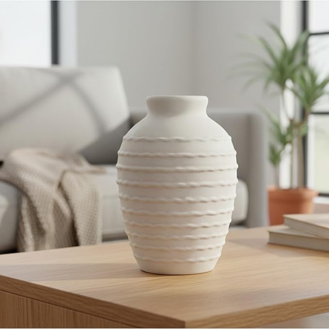 Ceramic Flower Vase 7.3 Inch Modern Farmhouse Vases Rustic Decorative Vase Home Decor Minimalist Handcrafted Pottery Terracotta Centerpiece Vases for Living Room,Bedroom,Table,Weddings,Office-White
