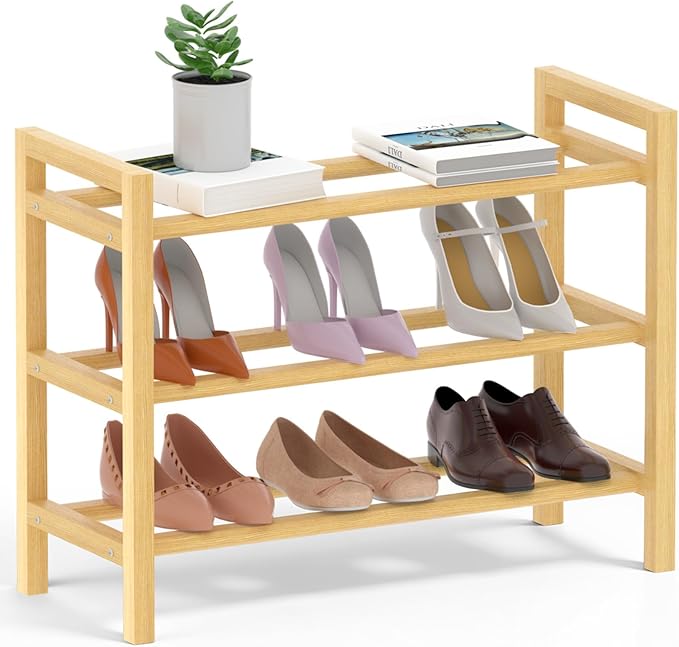 Haddockway Bamboo Shoe Rack for Closet, Free Standing Shoe Organizer with Smooth Round Rods & Convenient Handles, Stackable Shoe Storage Shelf for Entryway, Hallway(Natural, 3-Tier(Small))