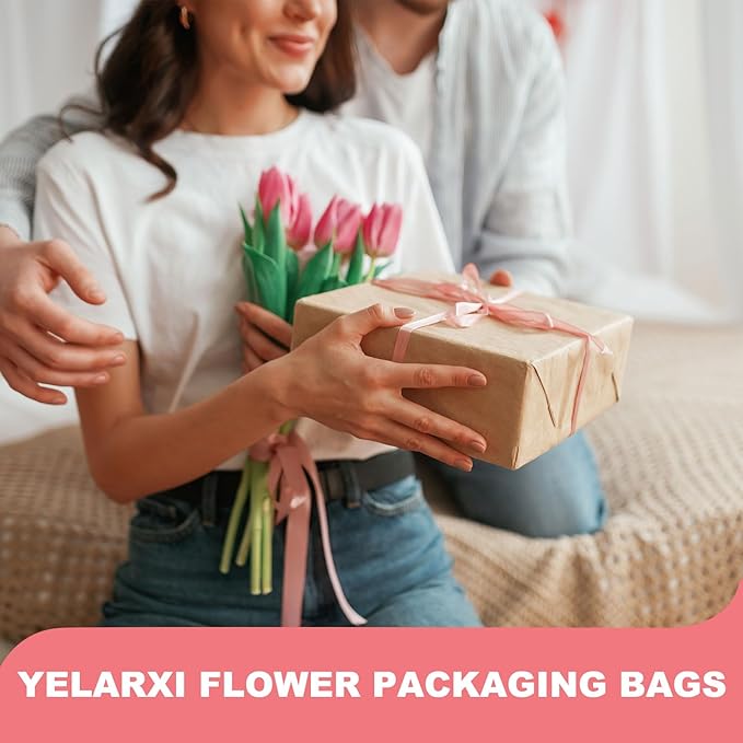 YELARXI Clear Flower Wrapping Bags, Transparent Flower Packaging Bag Waterproof Durable Bouquet Sleeves - Fitting for (Florists/Floral Arrangements Supplies), 13.8x3.9x19.7 Inch & 100Pcs