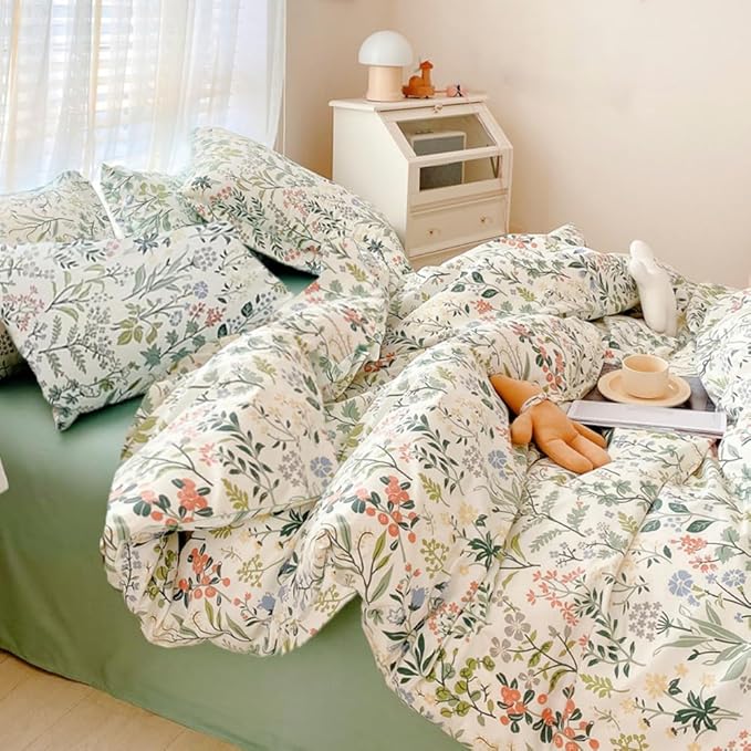 VM VOUGEMARKET Green Flower Comforter Set Queen,Bright Fresh Forest Botanical Bedding Set,Soft & Lightweight Comforter for Girls Women-Green White