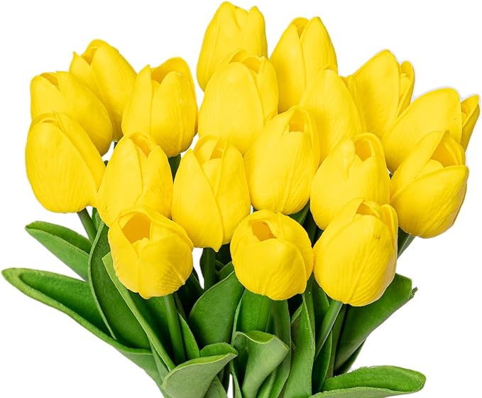KAOYOO 18PCS Artificial Tulip Flowers Bouquet - Faux Latex Tulips for Home Decor,Office Desk,Kitchen Table,Wedding Centerpiece,Party,Spring Decoration(Yellow,18 Pack)