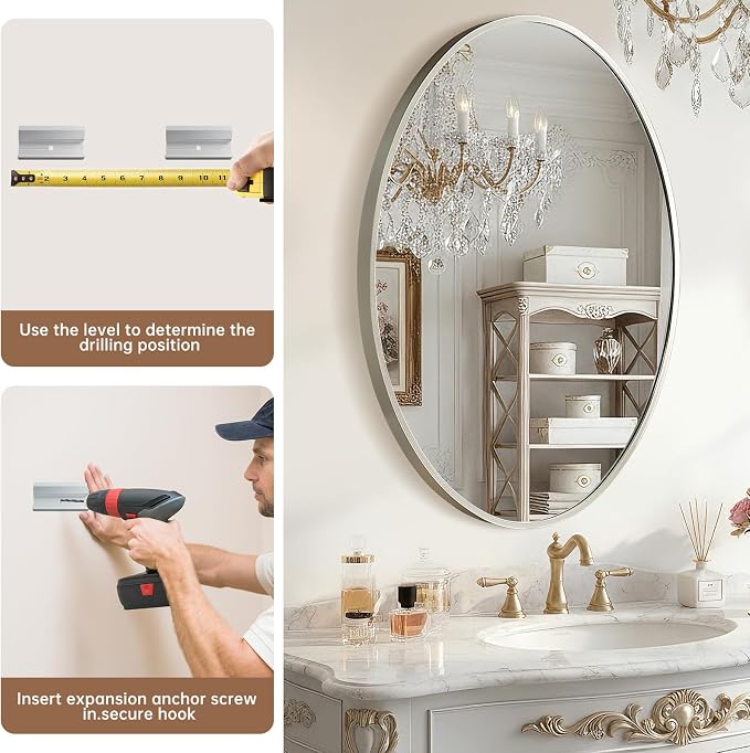 Oval Wall Mirror, 20"x28" Brushed Nickel Vanity Mirror, Bathroom Mirror of Metal Frame, Home Decorative Wall Mounted Mirror for Bathroom, Living Room, Entryway, Vanity