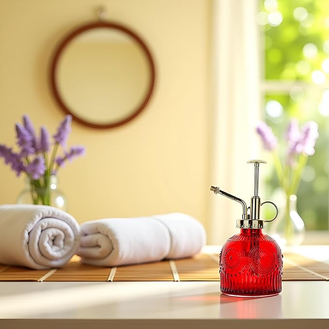 Glass Plant Mister Spray Bottle, 230ML Vintage Plant Spritzer, Succulent Watering Bottle Glass with Top Pump, Small Plants Sprayer Watering Can for Indoor Outdoor House(Red)