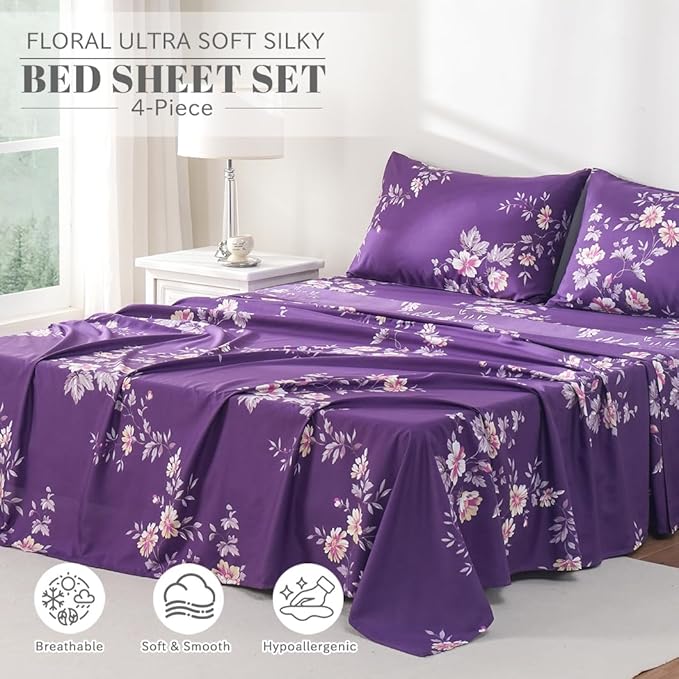 Bedlifes Queen Sheet Set Ultra Soft, Breathable, Silky Flower Deep Pocket 100% Microfiber Bedding, 4 Piece Queen Size Dark Purple Floral