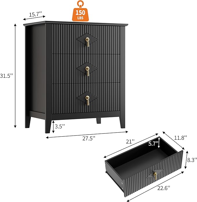 GarveeHome 2Pcs Wood Nightstand Fluted Dresser for Bedroom, 27.5" Wide 3-Drawer Bedside Tables, Modern Chest of Drawers, Storage End Table Living Room, Hallway, Entryway, Black