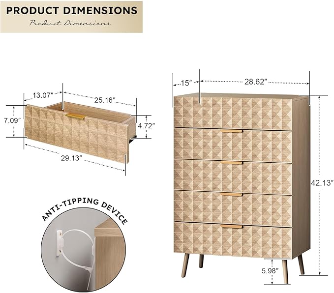 48" Tall Dresser,Chest of Drawers,5 Drawers Dresser for Bedroom,Clothes Storage with Diamond-Shaped