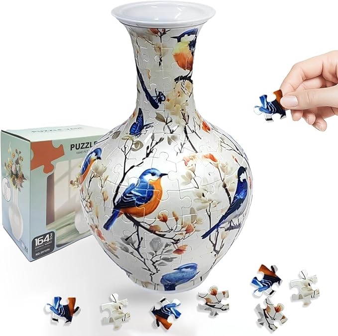 3D Puzzle Vase, 160 Curved Pieces DIY Flower Vase Craft Kit & 3D Puzzles for Adults, Creative Jigsaw Art Project Home Décor Centerpiece, for Women, Mom (White Birds & Blossoms)