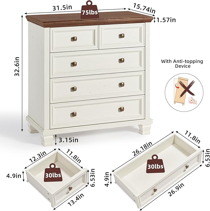 Farmhouse 5 Drawer Dresser for Bedroom, 32.6 Inch Tall Vintage Chest of Drawers, Rustic Small Dressers w/Square Solid Wood Legs, Mid-Century Storage Organizer for Living Room, White