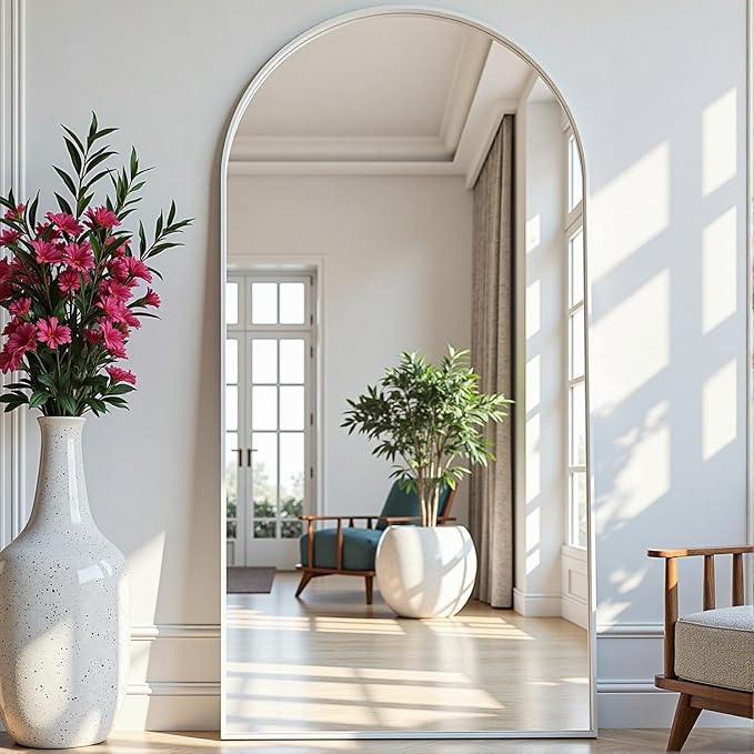 Dewfig Arched White Full Length Mirror,76"X34" Large Floor Mirror, Full Body Mirrors for Leaning or Hanging, Standing Mirrors for Bedroom, Living Room,Dressing Room, Aluminum Alloy Frame, White
