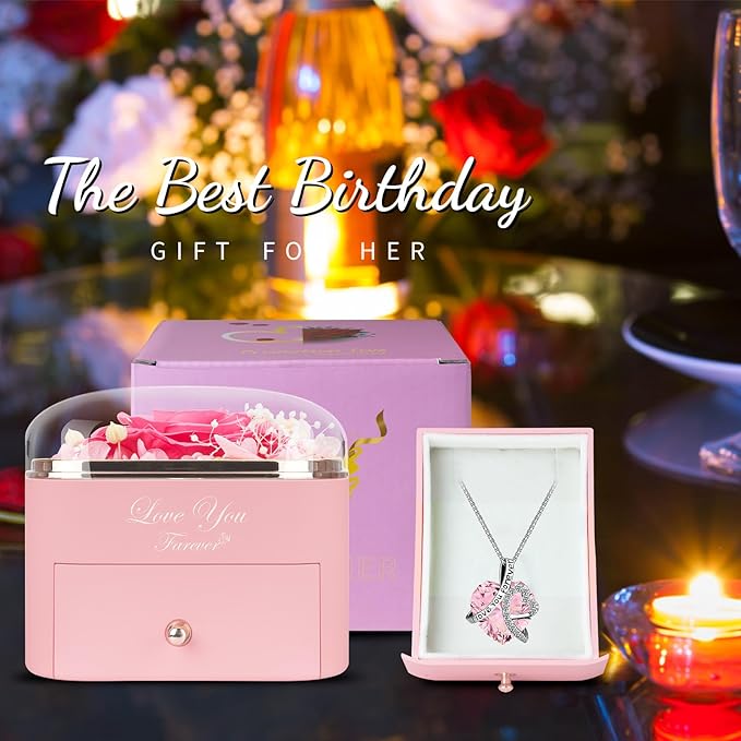 Preserved Pink Real Rose with Heart Necklace -Eternal Flowers Rose Birthday Gifts for Women Wife Mom Girlfriend Grandma Gifts Idea on Christmas Valentines Mothers Day for Her-Pink