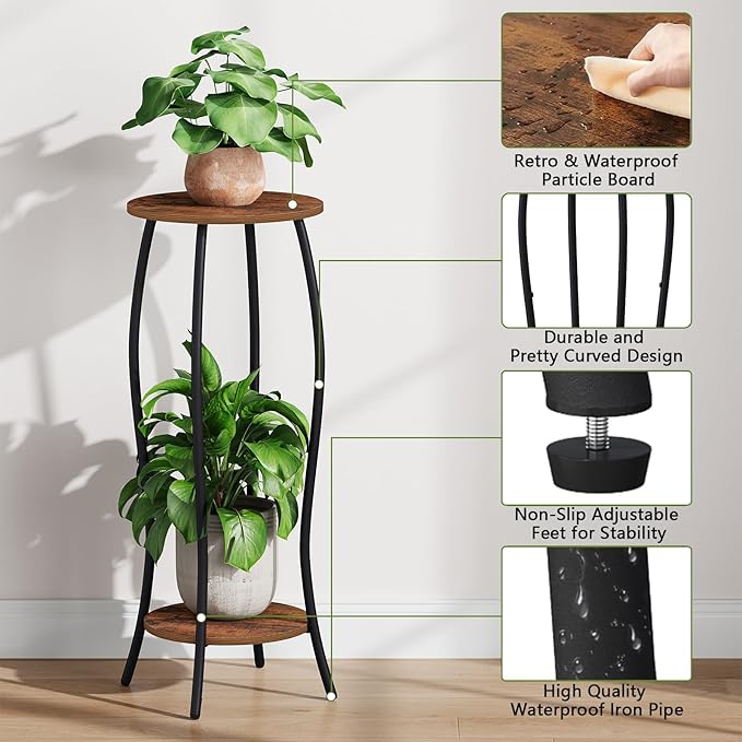 YINMIT Plant Stand Indoor, Tall Plant Stand, 2 Tier Plant Shelf Holder, Metal 4-Leg Corner Plant Stand for Indoor Plants, Wood Round Flower Stand for Living Room Balcony Garden, Retro