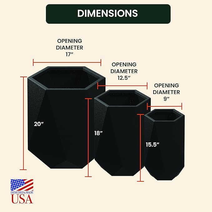 Beuta Large Planters for Outdoor Plants - Set of 3, 15.5/18/20 Inches Outdoor Planters for Porch - Tall Planter for Outdoor & Indoor Plants | Large Indoor Plant Pot- USA Made - Black