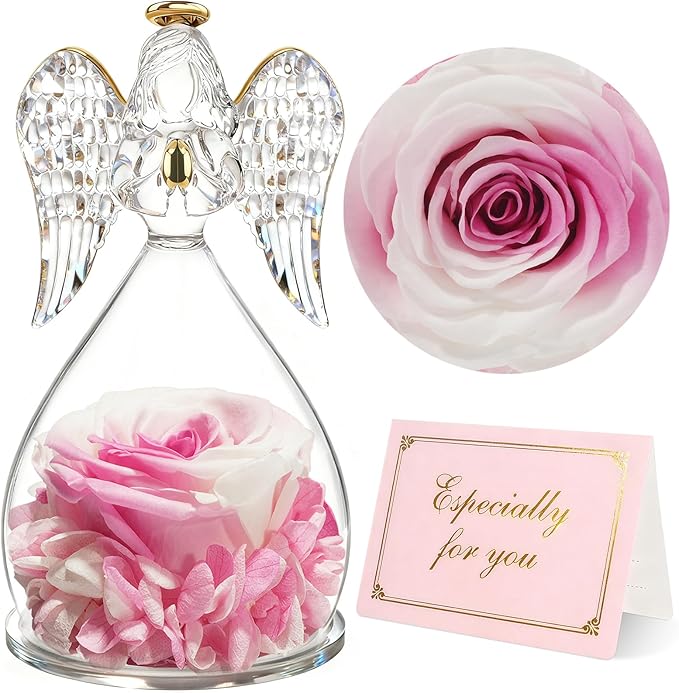 Yamonic Birthday Gifts for Women, Angel Figurines with Real Rose Gifts for Her Mom Grandma,Preserved Flowers Rose Gifts for Christmas Anniversary Birthday Gifts for Her (White+Pink)