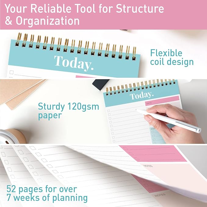 S&O Daily Planner Notepad for Productivity - 52 Page Routine To Do List - Undated Writing pad and Organizer - Every day To Do List Scheduler- Coiled Task Organizer - Regular calendar Planner - TEAL