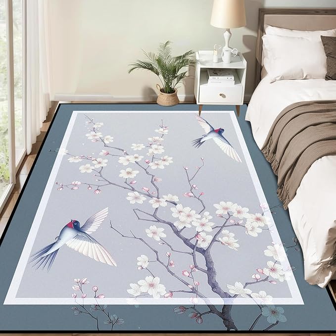 Cherry Blossom Area Rug 3D Swallow Sakura Floral Rugs for Entryway Bedroom Living Room Kitchen Home Decor Soft Non Slip Indoor Carpet Washable Low Pile Floor Mat,3'x5'