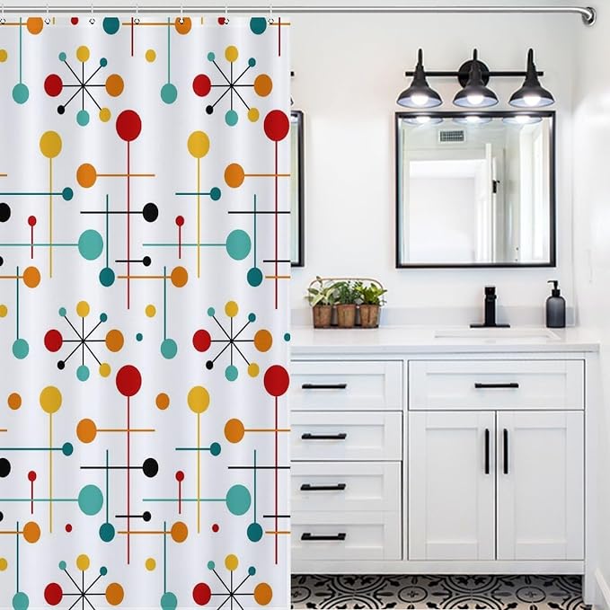 Mid Century Modern Shower Curtain,Abstract Atomic Starburst Geometric Diamond Pattern Shower Curtains Set for Bathroom Fabric Decorative Bath Curtain Washable Curtain Hooks, 72x72 inch