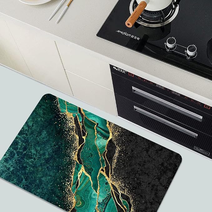 Diatomaceous Earth Bath Mat,Black and Green Gold Marble Non-Slip Volume Super Absorbent Fast Drying for Bathroom Kitchen Door mat,Eco-Friendly Easy to Clean 17×27.5Inch (43 * 70cm)