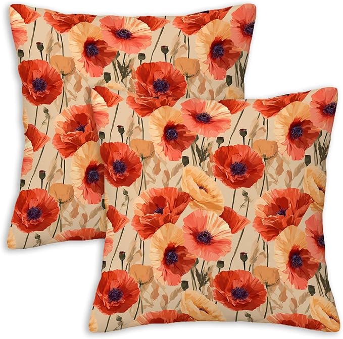 Floral Throw Pillow Covers Set of 2 | Poppy Flower Print Decorative Cushion Cases for Couch, Sofa, Living Room and Bedroom | Square 18x18 Inches | Zipper Closure Pillowcases