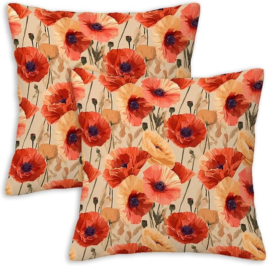 Floral Throw Pillow Covers Set of 2 | Poppy Flower Print Decorative Cushion Cases for Couch, Sofa, Living Room and Bedroom | Square 18x18 Inches | Zipper Closure Pillowcases