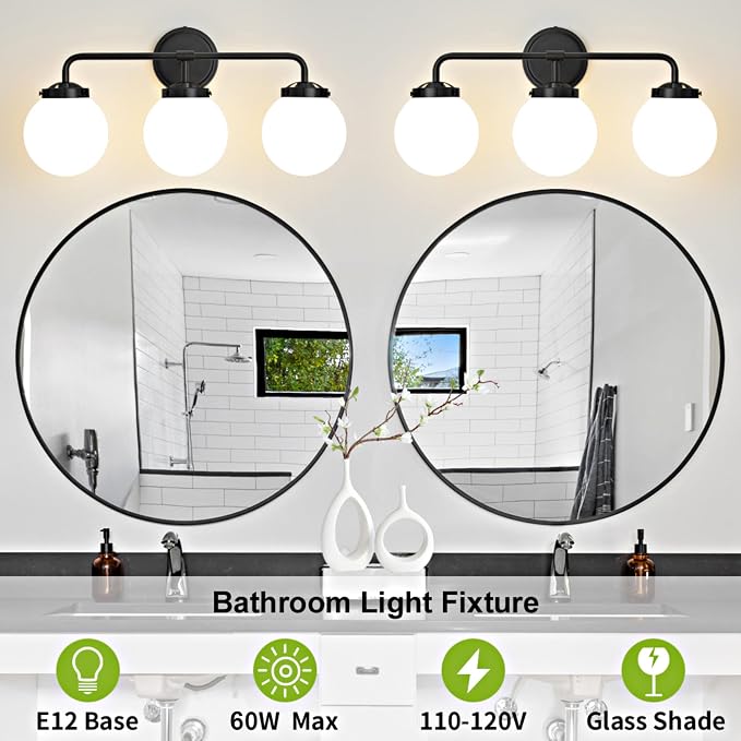 Black Bathroom Light Fixtures Over Mirror, 22.4'' 3-Light Modern Vanity Lighting with Milk White Glass Globe Shade Wall Sconce