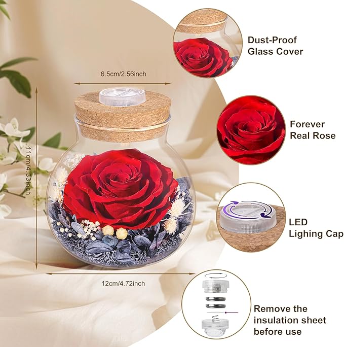 Christmas Birthday Gifts for Women Mom Preserved Rose Eternal Forever Flower in Glass Wishing Bottle with Colorful LED Light Flowers for Delivery Prime for Grandma Wife Sister Friend from Daughter Red