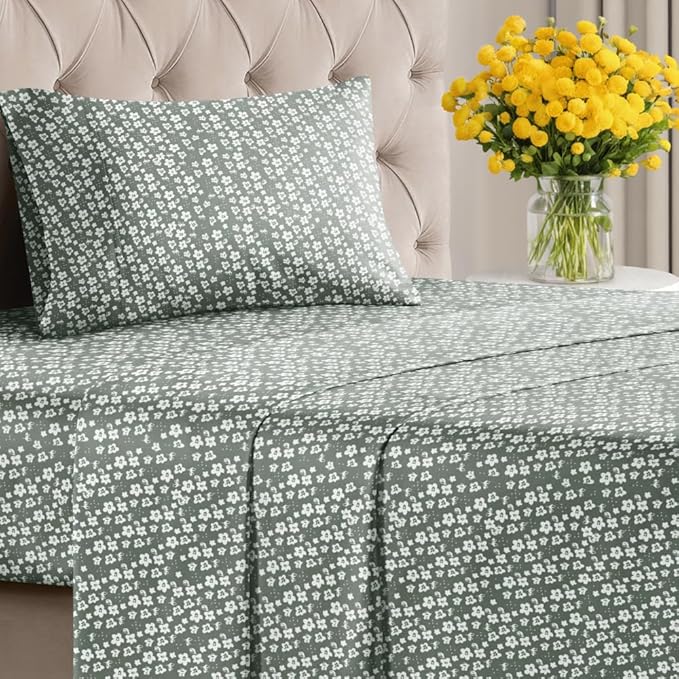 Floral Sheets - Green Floral Bed Sheet Set - 1 Flat, 1 Fitted & 1 Pillowcase w/ Deep Pockets - Comfy, Wrinkle & Fade Free - Boho Botanical Bedding - Ultra-Soft, Breathable & Cooling - Twin XL Size Set