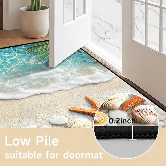 3'x5' Beach Rug Starfish Seashell Area Rugs for Entryway Bedroom Living Room Kitchen Home Decor Ocean Sea Wave Carpt 3D Non Slip Washable Throw Rug Coastal Seaside Floor Mat