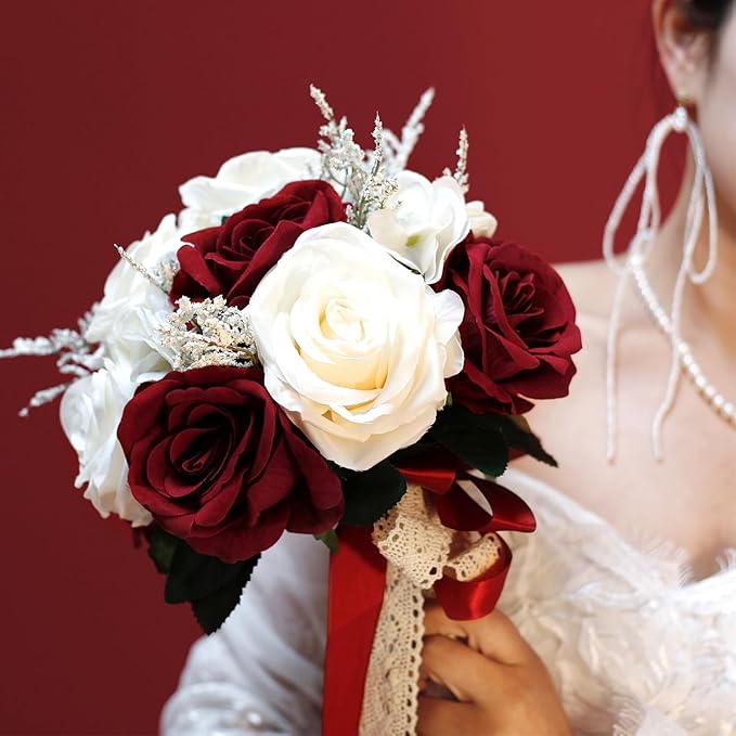 8.6in Wedding Bouquets for Bride Bridesmaid,White Champagne Red Burgundy Rose Artificial Fake Silk Flowers Bridal Bouquets for Wedding With Ribbon Handle Boho Rustic Church Decoration Toss Bouquet