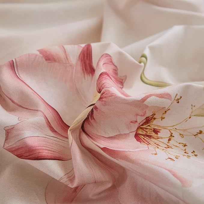 100% Cotton Duvet Cover Queen Size – Elegant Blush Lily Pink Floral Duvet Cover Set with Zipper Closure, 3-Piece Soft Breathable Natural Cotton Bedding Set for All Seasons
