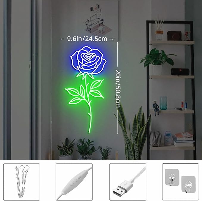 Rose Flower Neon Sign - Dimmable, Customizable Colors, Ideal Love Neon Sign & Neon Signs for Wall Decor, Perfect for Couples' Bedrooms, Wedding Spaces, Romantic Enthusiasts' Homes, Great Gift for Lovers & Romantic Style Fans