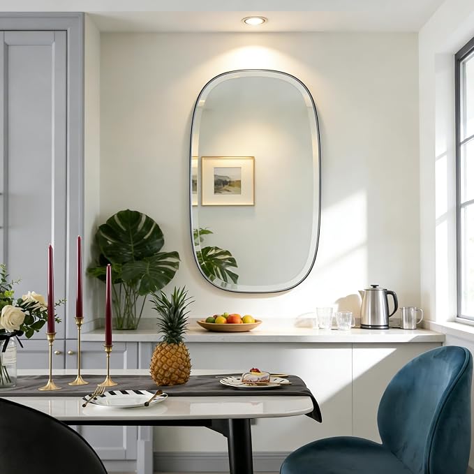 POZINO Rectangle Beveled Mirror, 24"x40" Modern Vanity Mirror with Stainless Steel Frame, Modern Oblong Wall Mirrors for Living Room Bathroom Bedroom Entryway, Hangs Vertically or Horizontally ﻿