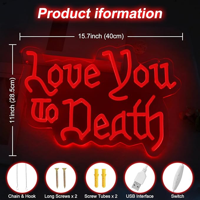 Love You to Death Neon Sign, Goth Lover Gift, 5-Level Dimmable Wedding LED Sign for Wall Decor, Witch Decor, Gifts for Goth Lovers, Goth Room Decor, Dark Art Decor, Gothic Wedding Sign